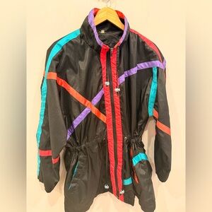 Vintage 80s Colorblock Windbreaker Jacket Black‎ Neon Hooded Zip Up Womens M